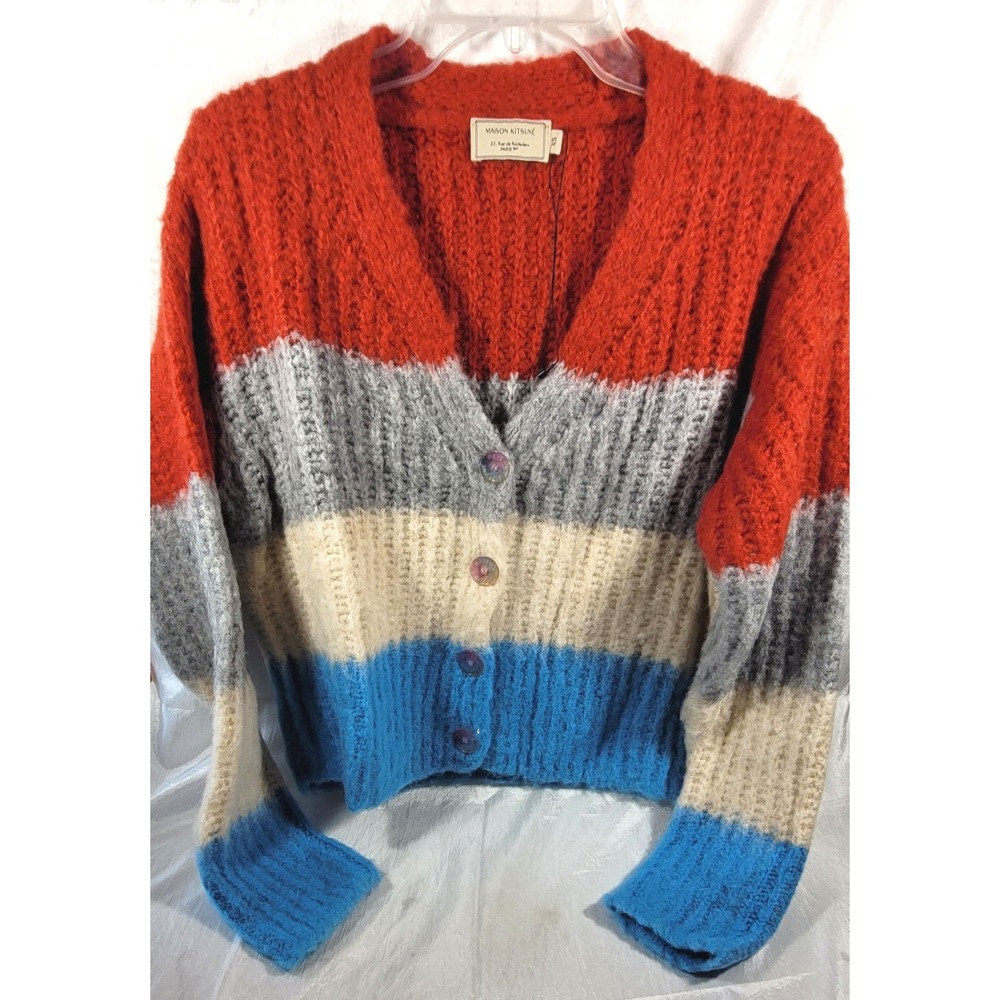 Maison‎ Kitsune Women's Alpaca Wool Blend Button-up Striped Cardigan - XS
